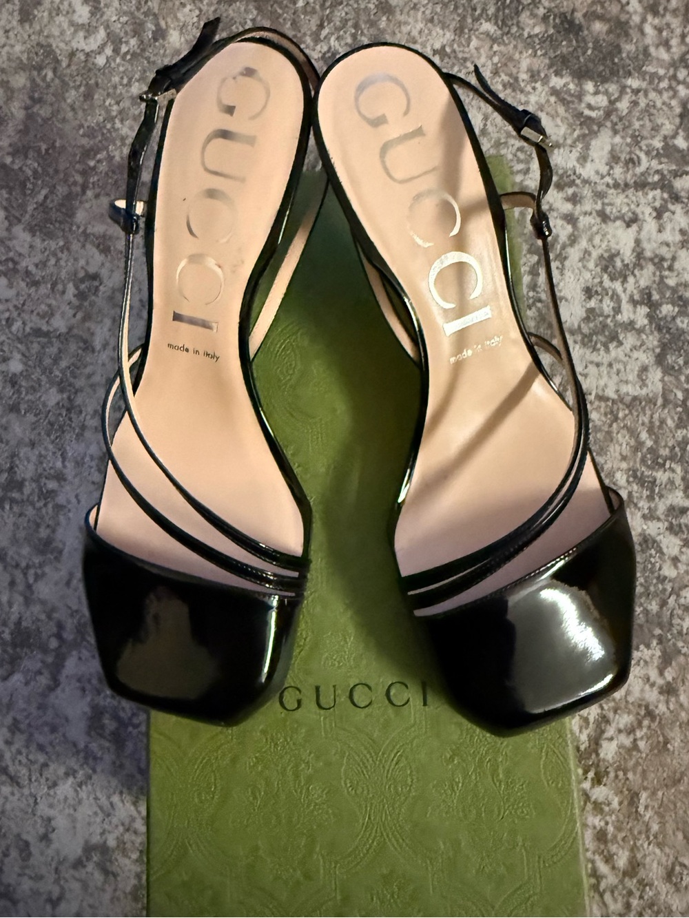 NWT Trendy GUCCI Vitello Vernice Black Patent Leather Slingback Heel size 40.5